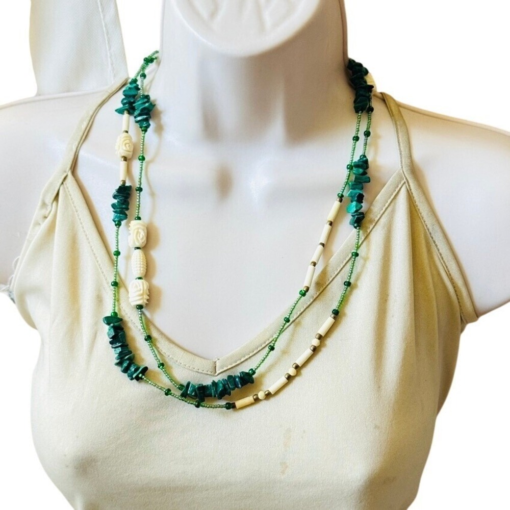 VTG Green Malachite Stone Beaded Necklace brass beads Natural Genuine strand 50" - Picture 3 of 8